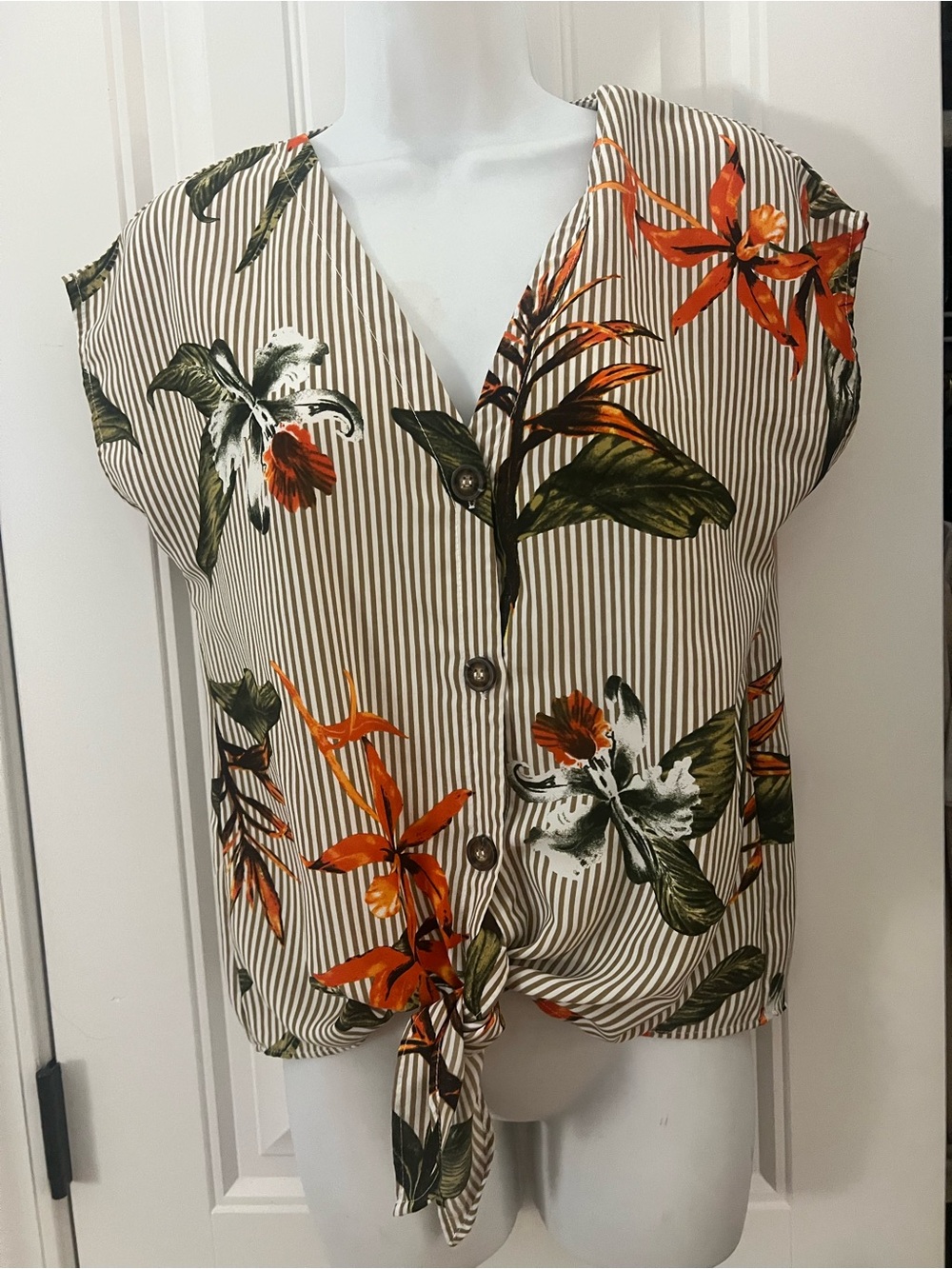 Sienna Sky tropical floral button-down front tie blouse